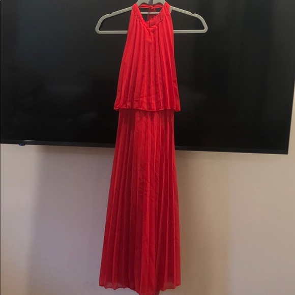 halter tie neck midi dress in pleat